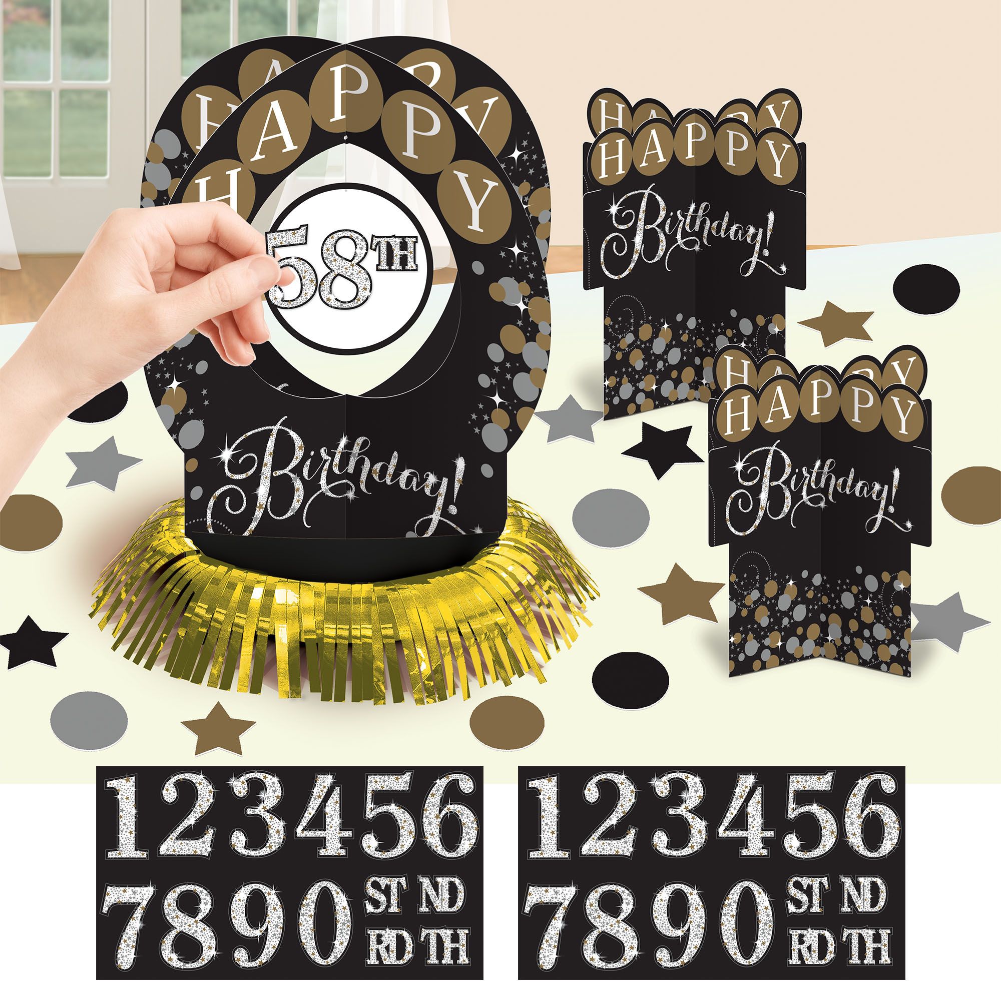 Sparkling Celebration "Happy Birthday" DIY Customizable Table Decoration Centerpieces with Confetti, Black/Gold/Silver, 10.5-in, 51-pk, for Birthday Front_Elevated