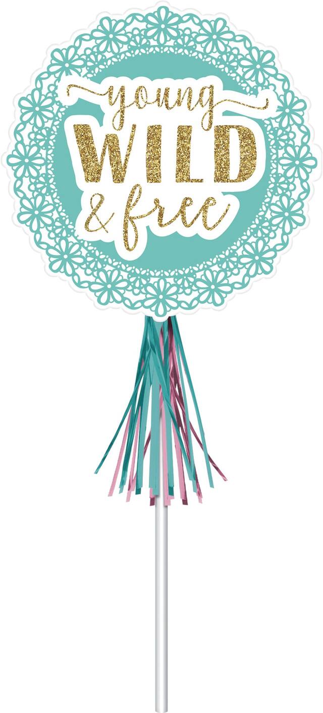 Festival Vibes "Young Wild & Free" Party Paper Wands, Pink/Blue, 8-pk, for Birthday/Party Favour Front_Flat