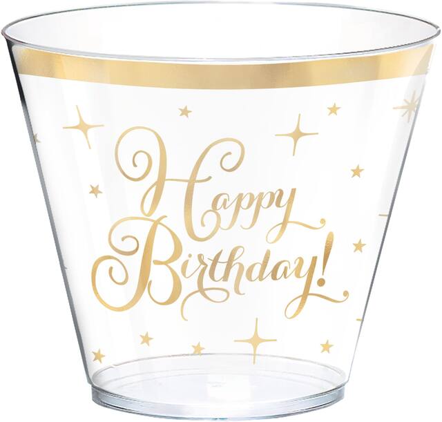 "Happy Birthday" Plastic Reusable Tumbler Cups, Clear/Gold, 9-oz, 30-pk, for Birthday Party Front_Elevated
