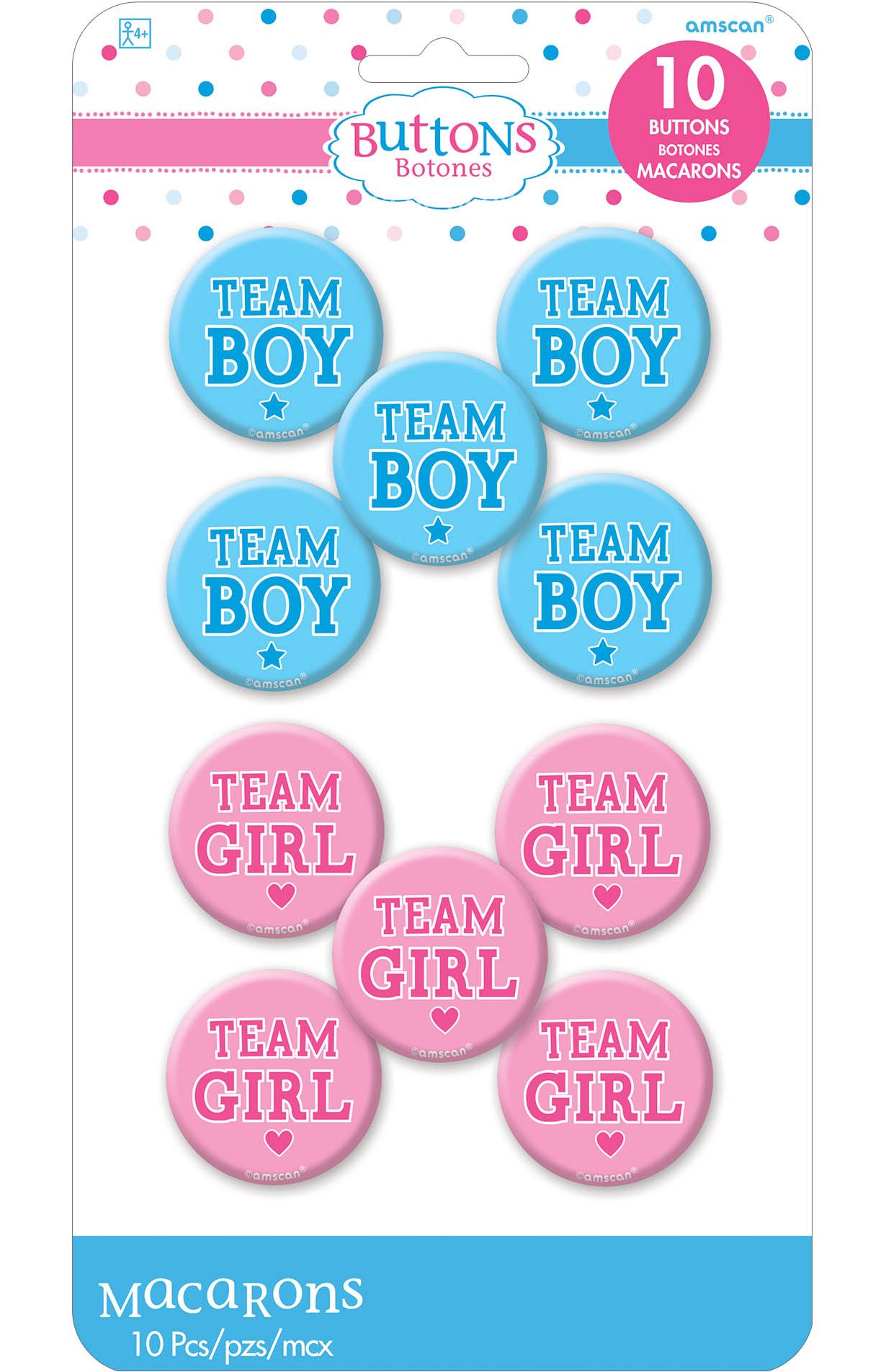 "Team Boy" or "Team Girl" Gender Reveal Button Pins, Pink/Blue, One Size, 10-pk, Wearable Accessories for Baby Shower/Gender Reveal Front_Flat