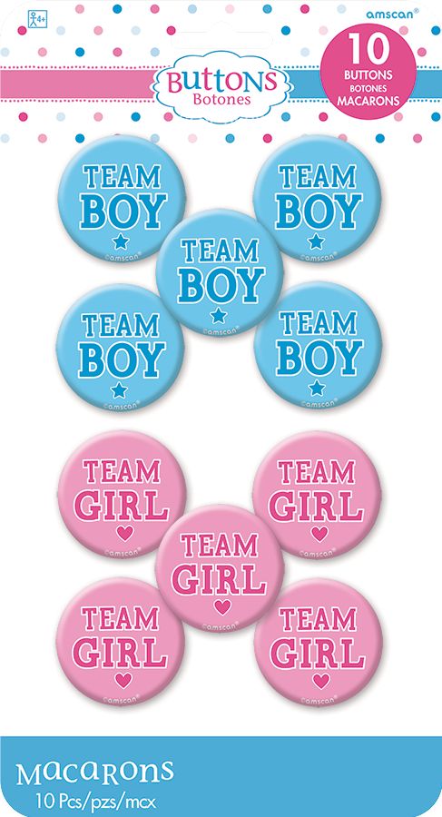 "Team Boy" or "Team Girl" Gender Reveal Button Pins, Pink/Blue, One Size, 10-pk, Wearable Accessories for Baby Shower/Gender Reveal Front_Flat
