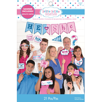 "He or She" Plastic Scene Setter Background Decoration with Photo Booth Props, Blue/Pink, 6-in, 21-pk, for Gender Reveal Front_Flat
