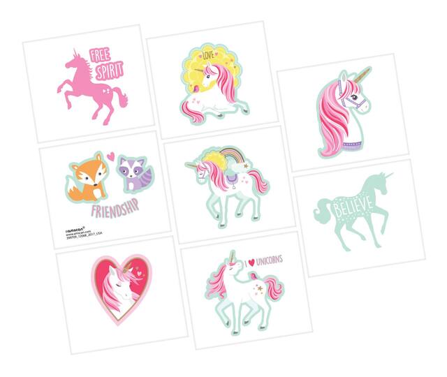 Tatouages scintillants pour fête d'anniversaire, licorne magique, paq. 8 Overhead_Flat