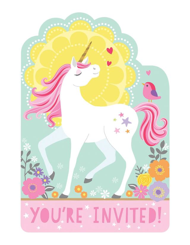 Unicorn "You're Invited" Paper Party Invitations with Envelopes, Blue/Pink, 8-pk, for Birthday Party Front_Flat