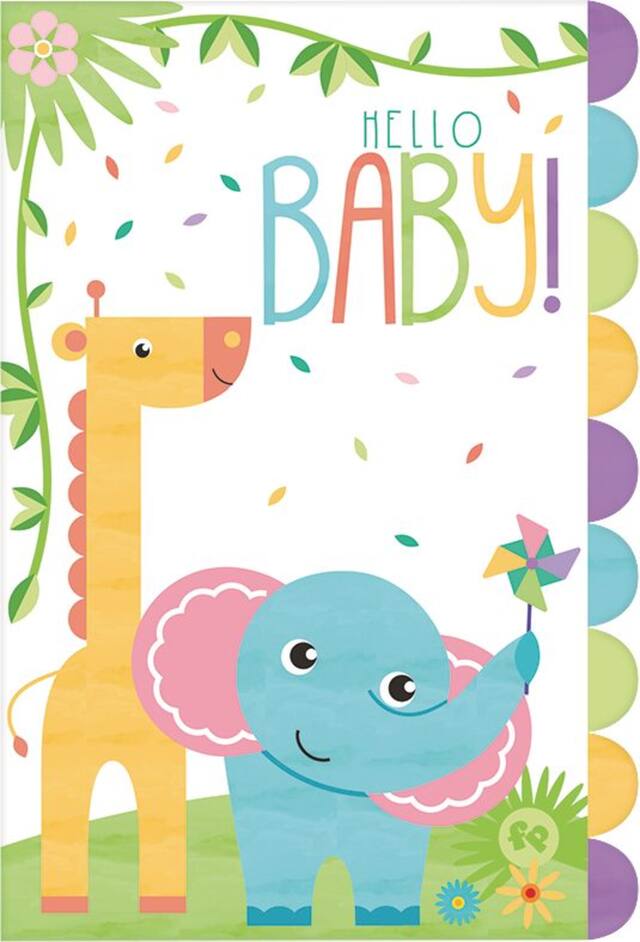 "Hello Baby" Elephant & Giraffe Paper Party Invitations with Envelopes, Multi-Coloured, 8-pk, for Baby Shower Front_Flat