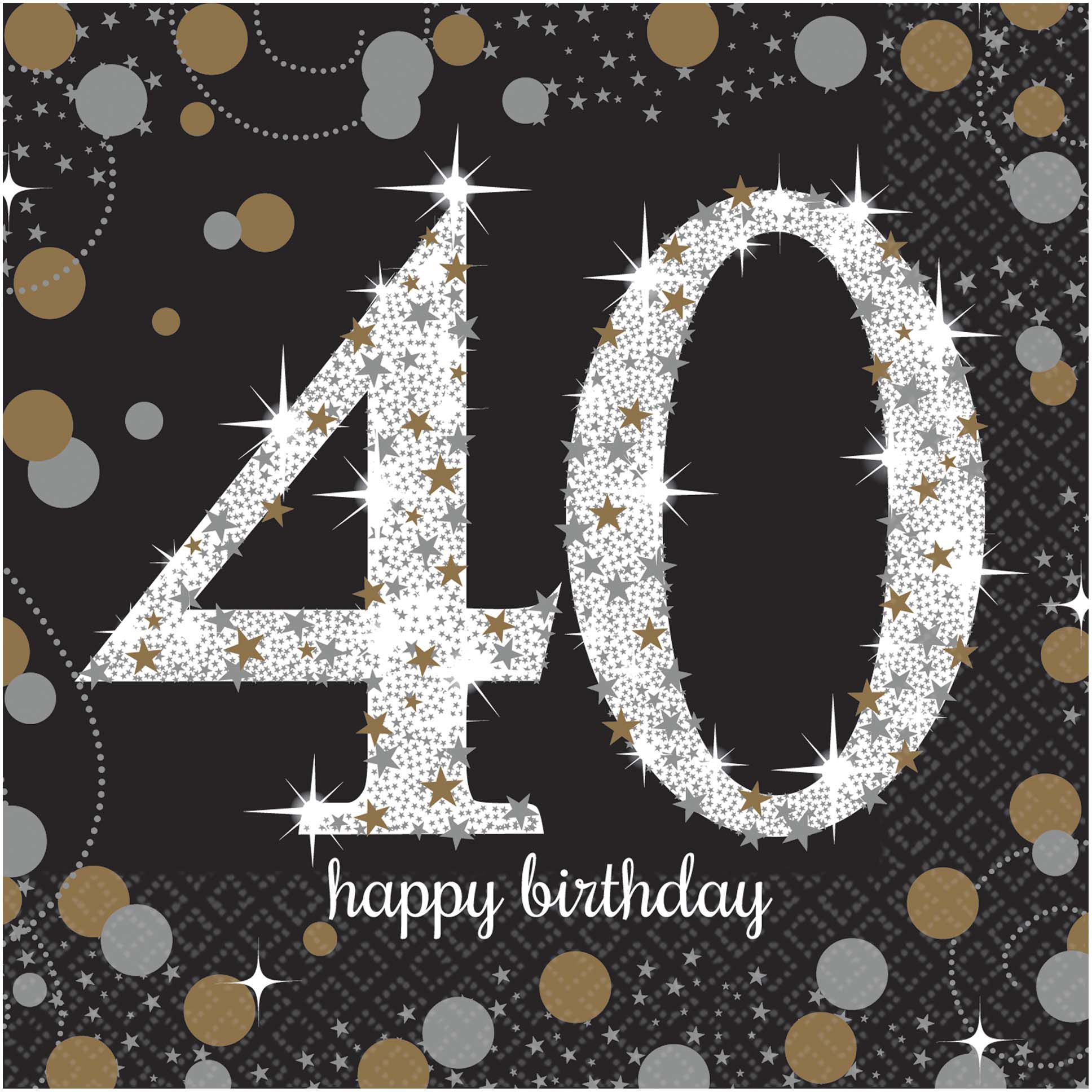 Sparkling Celebration "40 Happy Birthday" Square Paper Disposable Beverage Napkins, Black/Silver/Gold, 5-in, 16-pk, 2-ply, for Milestone Birthday Overhead_Flat