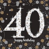 Sparkling Celebration "40 Happy Birthday" Square Paper Disposable Beverage Napkins, Black/Silver/Gold, 5-in, 16-pk, 2-ply, for Milestone Birthday Overhead_Flat