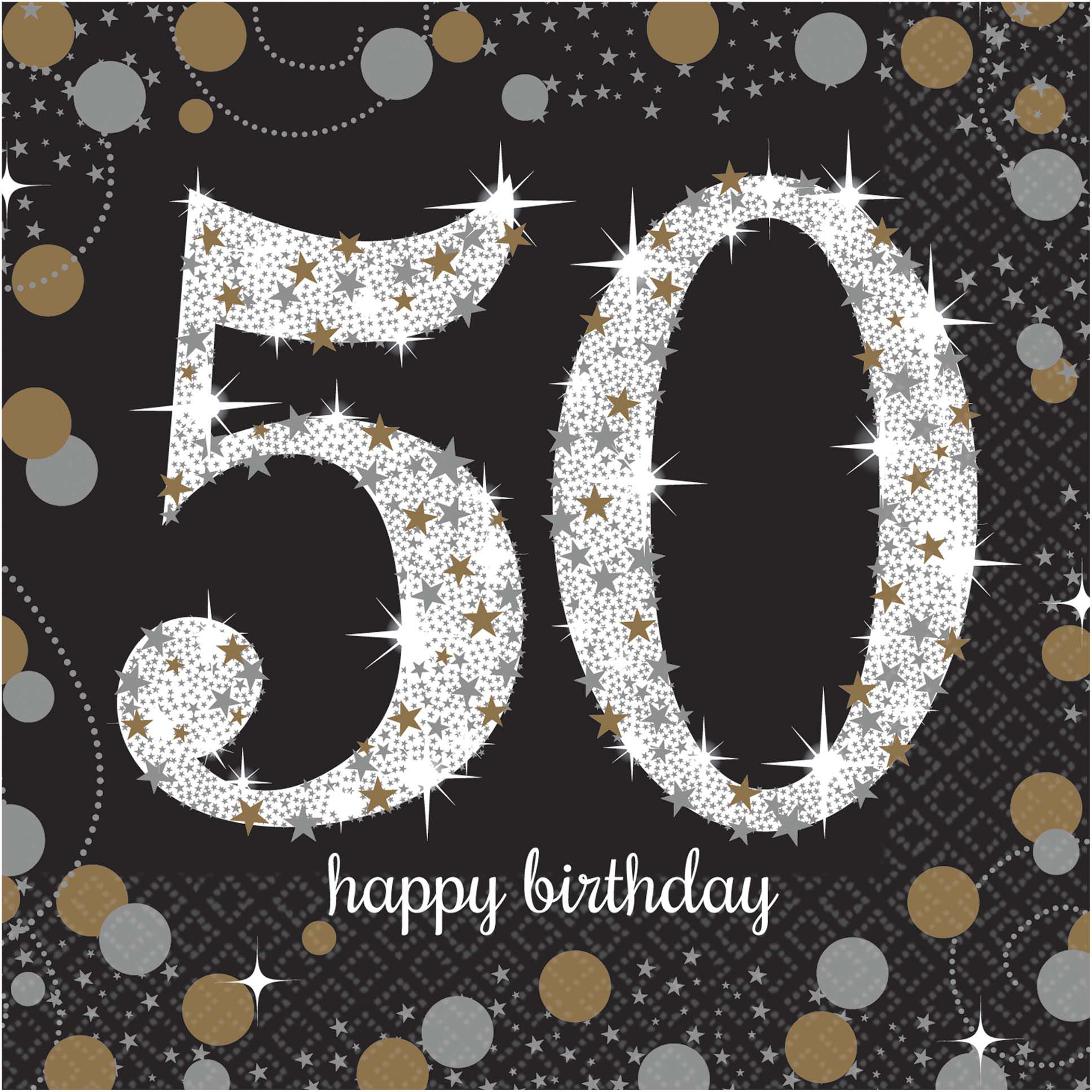Sparkling Celebration "50 Happy Birthday" Square Paper Disposable Beverage Napkins, Black/Silver/Gold, 5-in, 16-pk, 2-ply, for Milestone Birthday Overhead_Flat