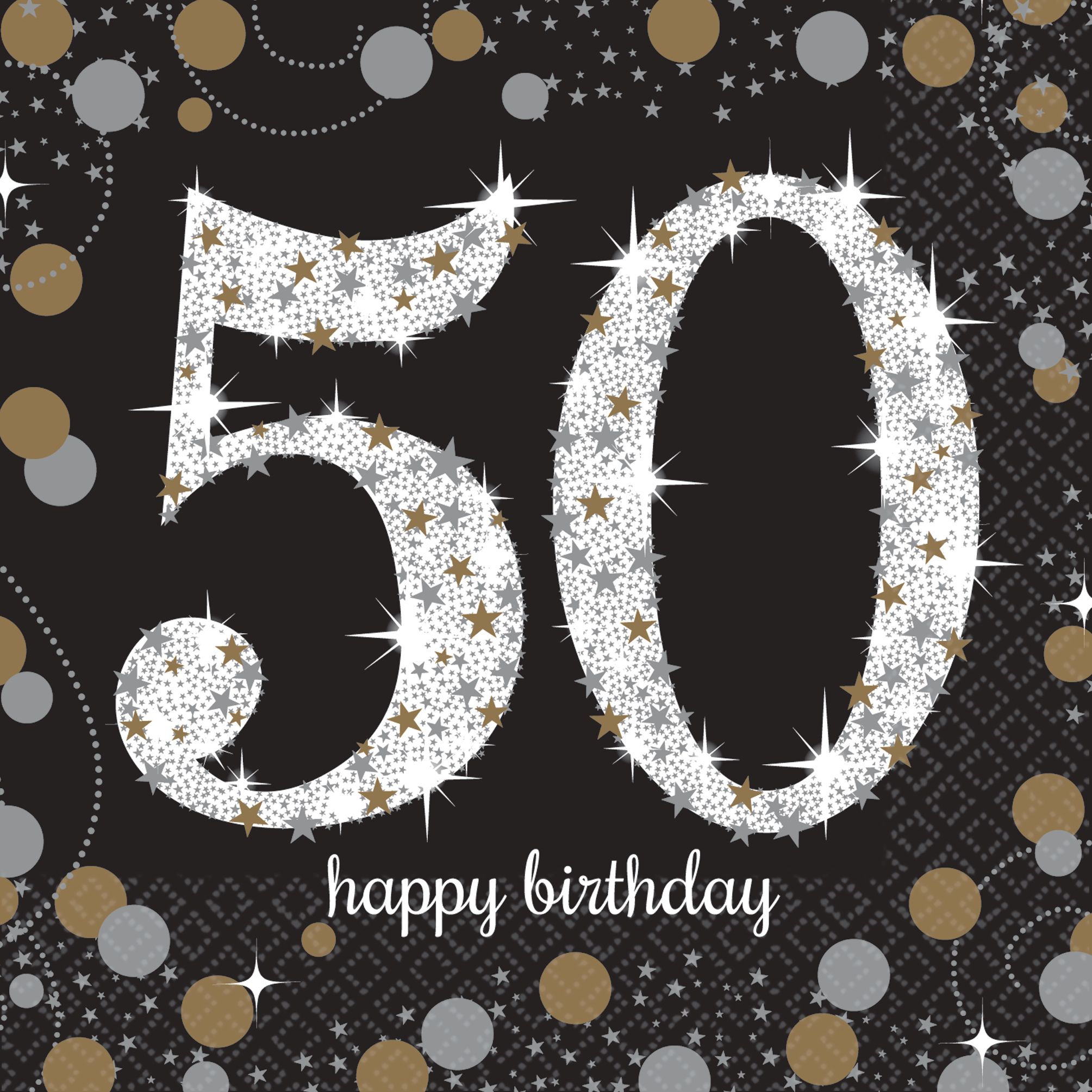 Sparkling Celebration "50 Happy Birthday" Square Paper Disposable Beverage Napkins, Black/Silver/Gold, 5-in, 16-pk, 2-ply, for Milestone Birthday Overhead_Flat