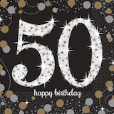 Sparkling Celebration "50 Happy Birthday" Square Paper Disposable Beverage Napkins, Black/Silver/Gold, 5-in, 16-pk, 2-ply, for Milestone Birthday Overhead_Flat