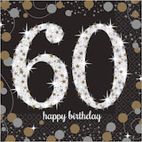 Sparkling Celebration "60 Happy Birthday" Square Paper Disposable Beverage Napkins, Black/Silver/Gold, 5-in, 16-pk, 2-ply, for Milestone Birthday Overhead_Flat