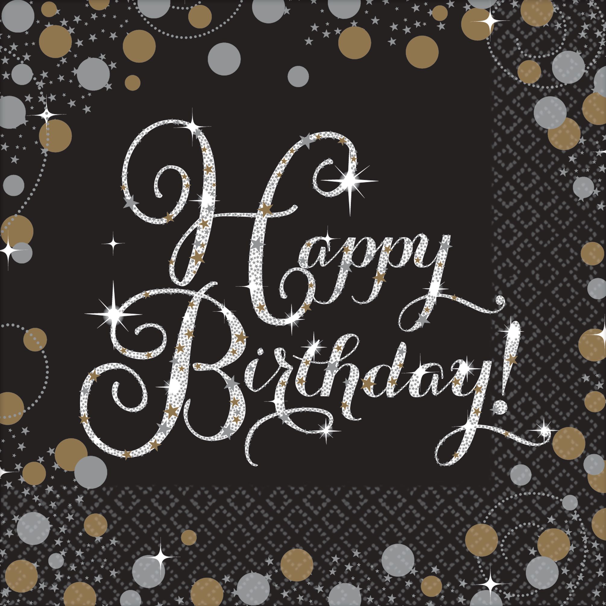 Sparkling Celebration "Happy Birthday" Square Paper Disposable Beverage Napkins, Black/Silver/Gold, 5-in, 16-pk, 2-ply, for Milestone Birthday Front_Flat