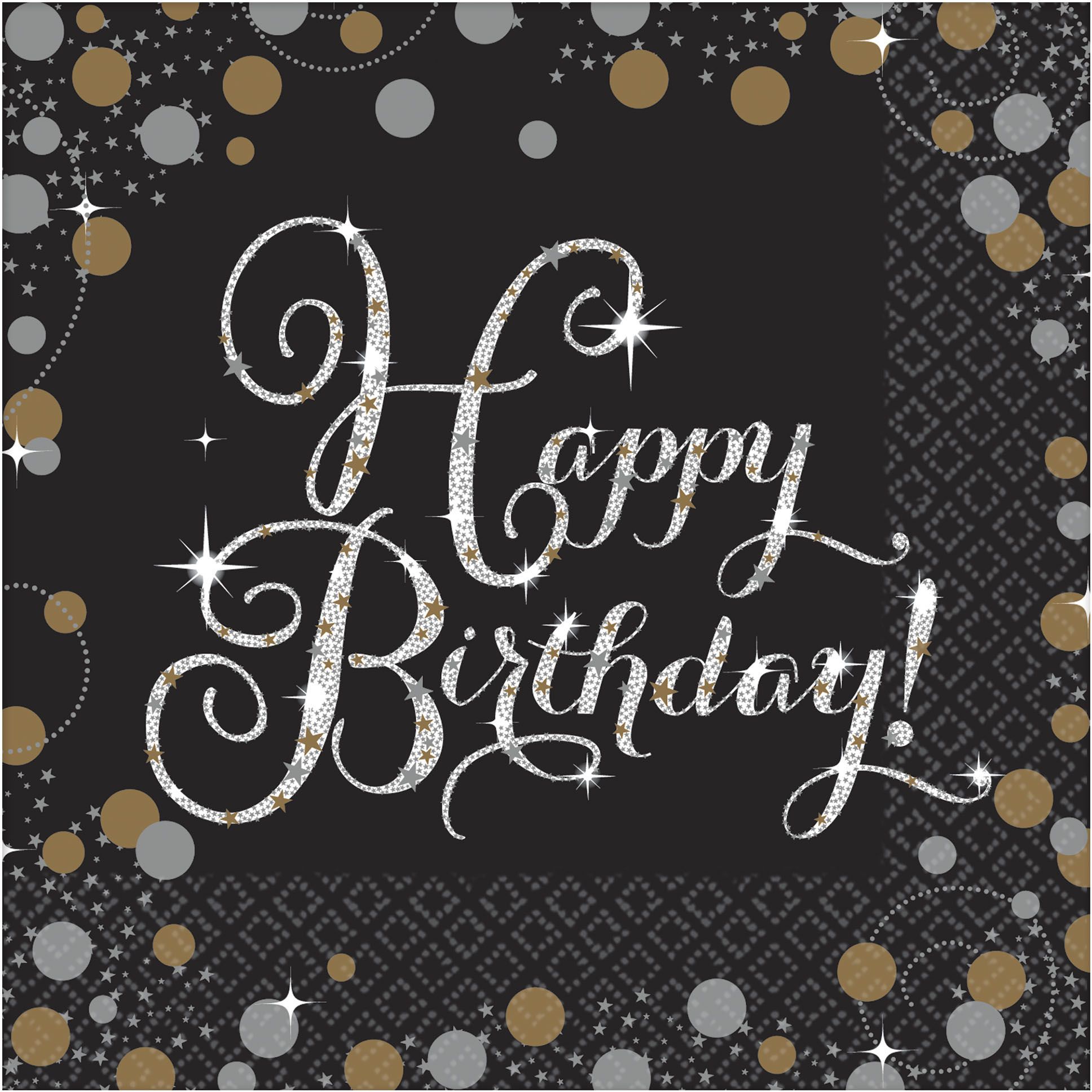 Sparkling Celebration "Happy Birthday" Square Paper Disposable Beverage Napkins, Black/Silver/Gold, 5-in, 16-pk, 2-ply, for Milestone Birthday Front_Flat