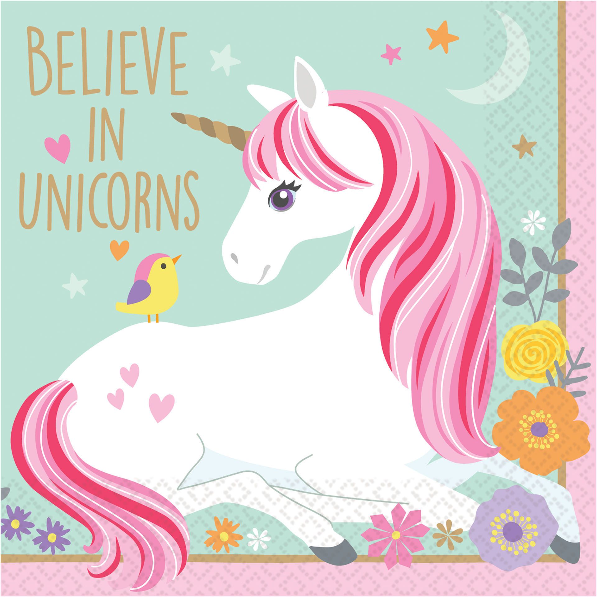 Unicorn "Believe in Unicorns" Square Paper Disposable Beverage Napkins, Blue/Pink, 5-in, 16-pk, 2-ply, for Birthday Party Overhead_Flat