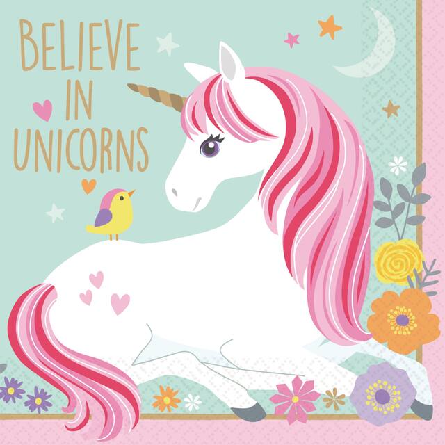Unicorn "Believe in Unicorns" Square Paper Disposable Beverage Napkins, Blue/Pink, 5-in, 16-pk, 2-ply, for Birthday Party Overhead_Flat