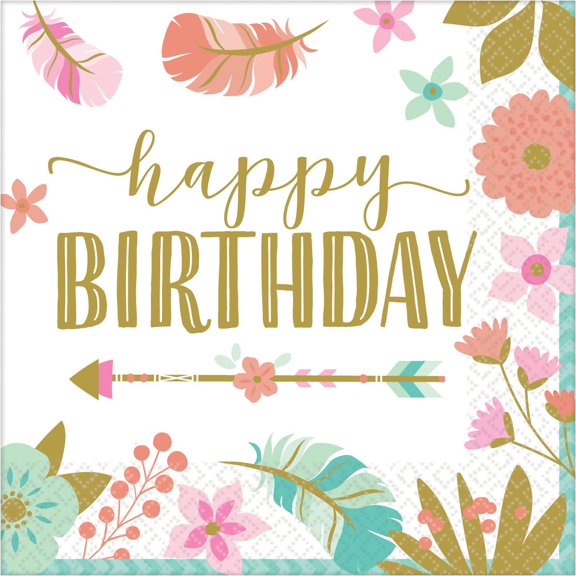 Boho Girl "Happy Birthday" Small Beverage Napkins, 16-pk Overhead_Flat