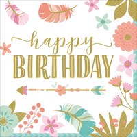 Serviettes à boissons fille boho Happy Birthday avec fleurs et plumes, paq. 16 Overhead_Flat