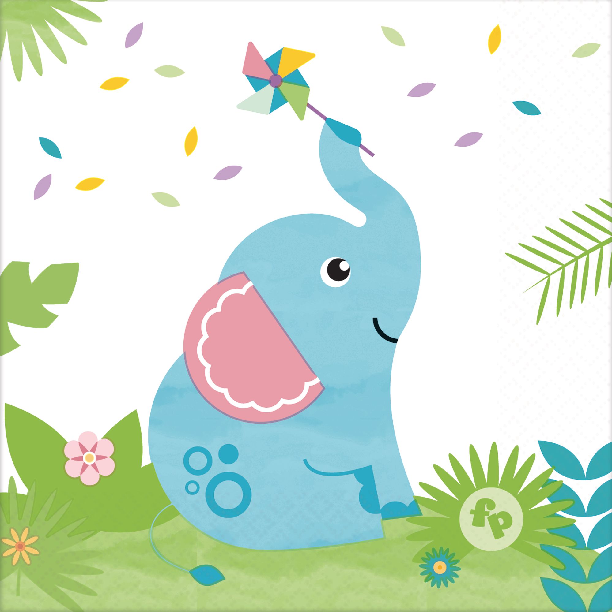 Elephant Square Paper Disposable Beverage Napkins, Green/Blue, 5-in, 16-pk, 2-ply, for Baby Shower/Gender Reveal Front_Flat