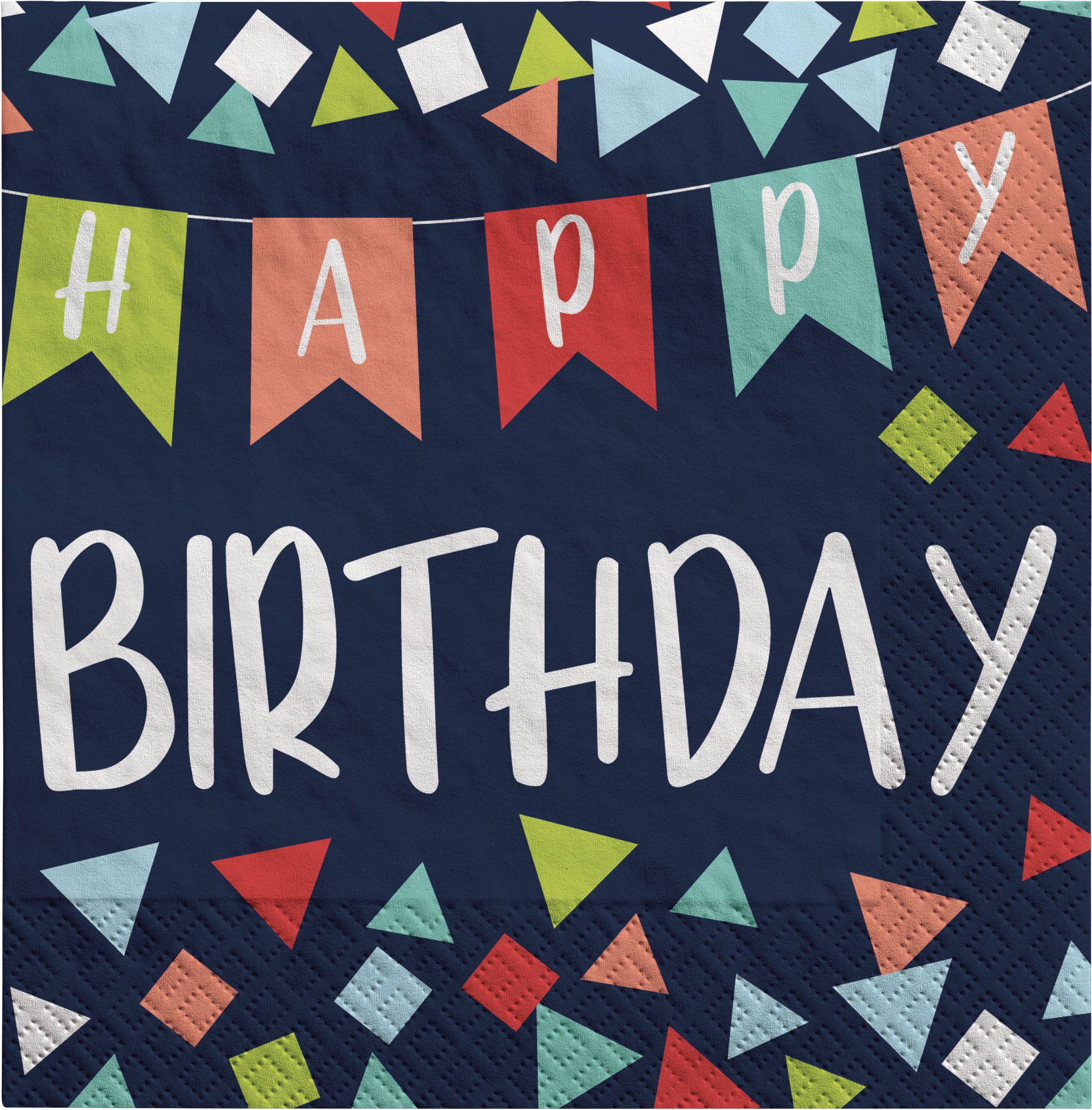 A Reason to Celebrate "Happy Birthday" Square Paper Disposable Beverage Napkins, Navy, 5-in, 16-pk, 2-ply, for Birthday Party Overhead_Flat