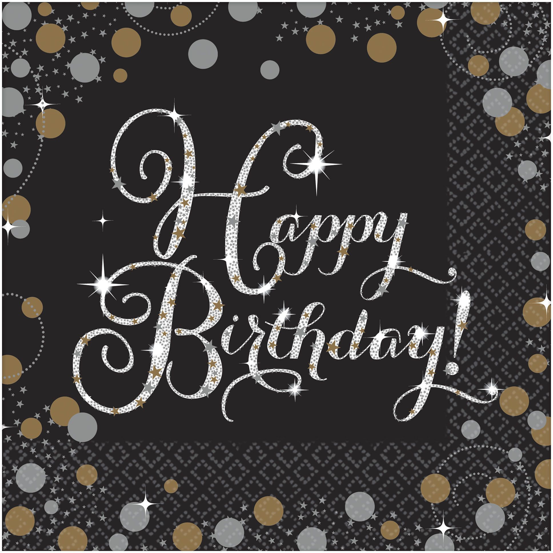 Sparkling Celebration "Happy Birthday" Square Paper Disposable Lunch Napkins, Black/Silver/Gold,6.5-in, 16-pk, 2-ply, for Milestone Birthday Overhead_Flat
