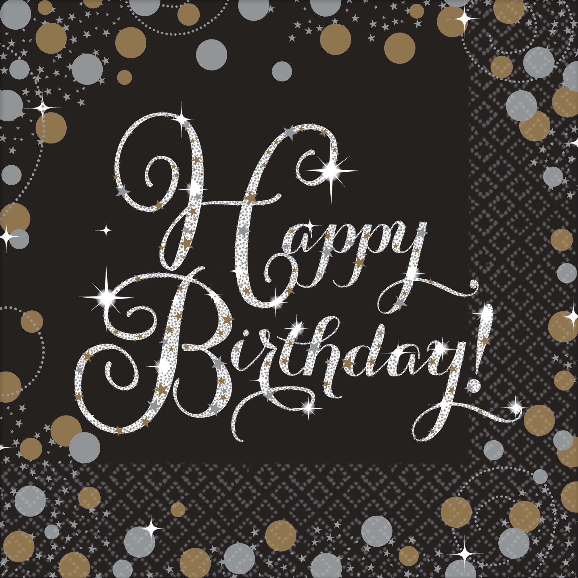 Sparkling Celebration "Happy Birthday" Square Paper Disposable Lunch Napkins, Black/Silver/Gold,6.5-in, 16-pk, 2-ply, for Milestone Birthday Overhead_Flat