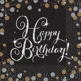 Sparkling Celebration "Happy Birthday" Square Paper Disposable Lunch Napkins, Black/Silver/Gold,6.5-in, 16-pk, 2-ply, for Milestone Birthday Overhead_Flat
