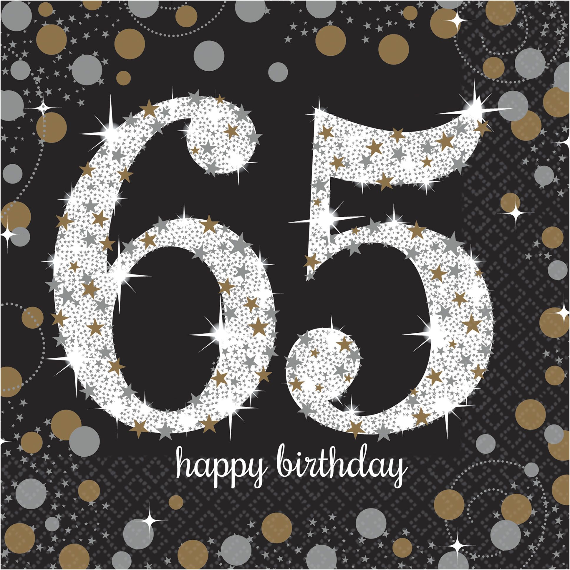 Sparkling Celebration "65 Happy Birthday" Square Paper Disposable Lunch Napkins, Black/Silver/Gold,6.5-in, 16-pk, 2-ply, for Milestone Birthday Overhead_Flat