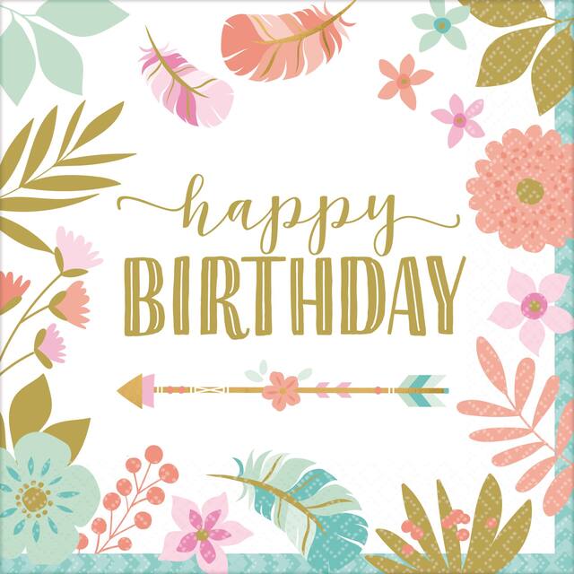 Serviettes de table fille boho Happy Birthday avec fleurs et plumes, paq. 16 Overhead_Flat