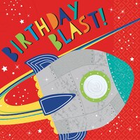 Blast Off "Birthday Blast" Square Paper Disposable Lunch Napkins, Red, 6.5-in, 16-pk, 2-ply, for Birthday Party
