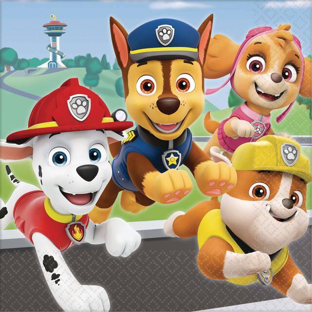 Nickelodeon PAW Patrol Marshall/Chase/Skye Square Paper Disposable Lunch Napkins, Multi-Coloured, 6.5-in, 16-pk, 2-ply, for Birthday Party Overhead_Flat