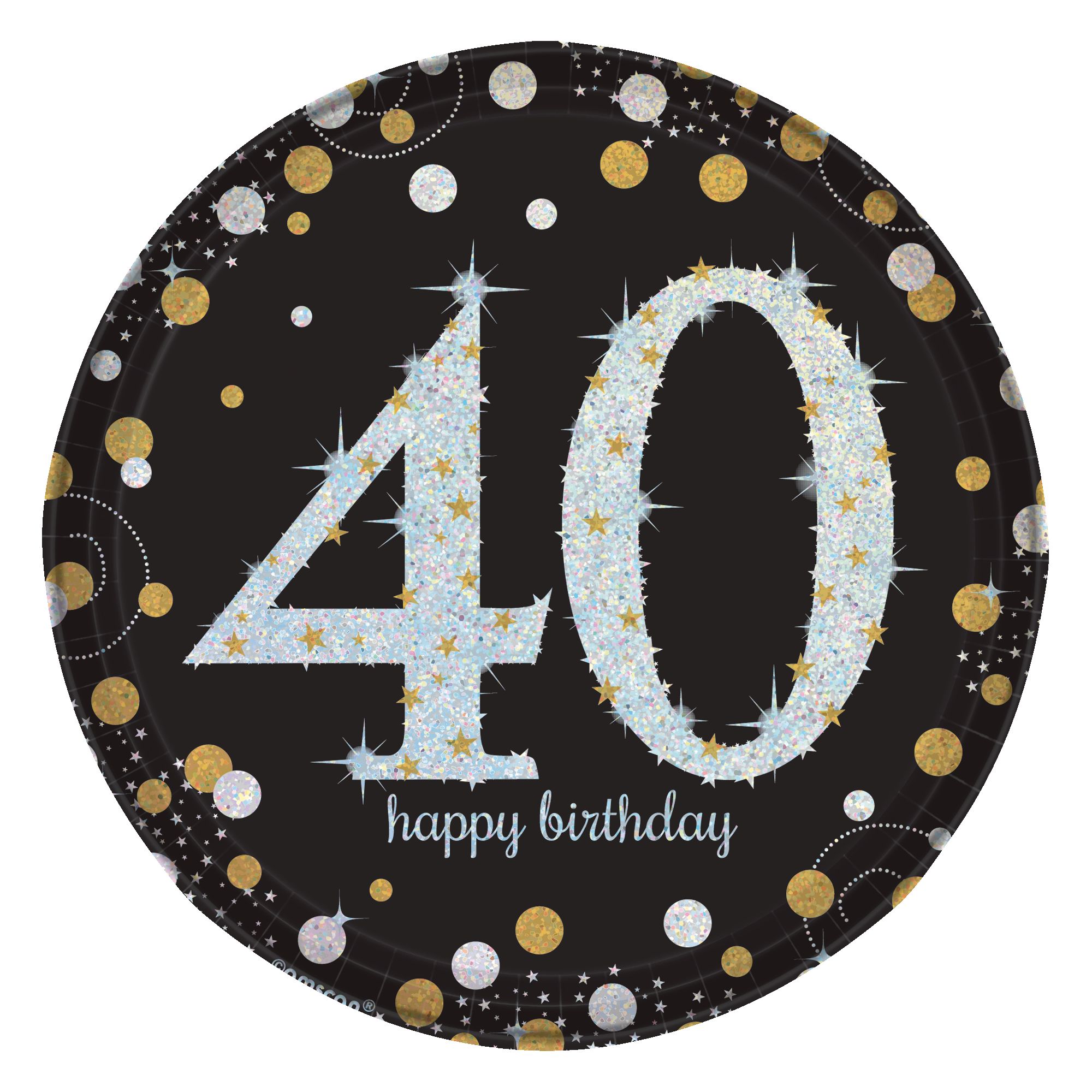 Sparkling Celebration "Happy Birthday 40" Round Paper Disposable Dessert Plates, Black/Gold/Silver, 7-in, 8-pk, for Milestone Birthday Overhead_Flat