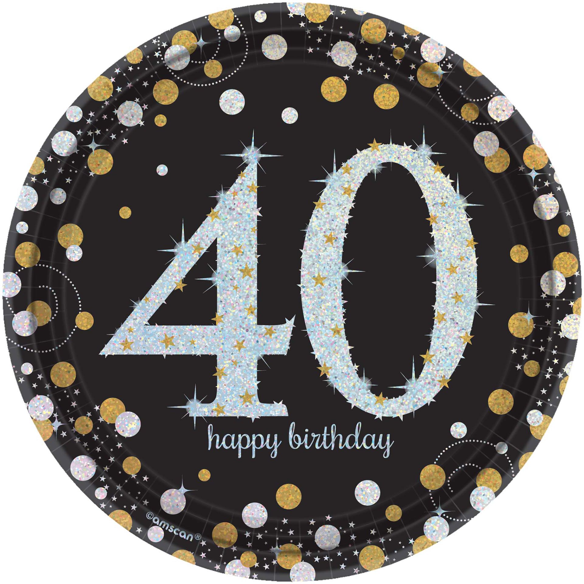 Sparkling Celebration "Happy Birthday 40" Round Paper Disposable Dessert Plates, Black/Gold/Silver, 7-in, 8-pk, for Milestone Birthday Overhead_Flat