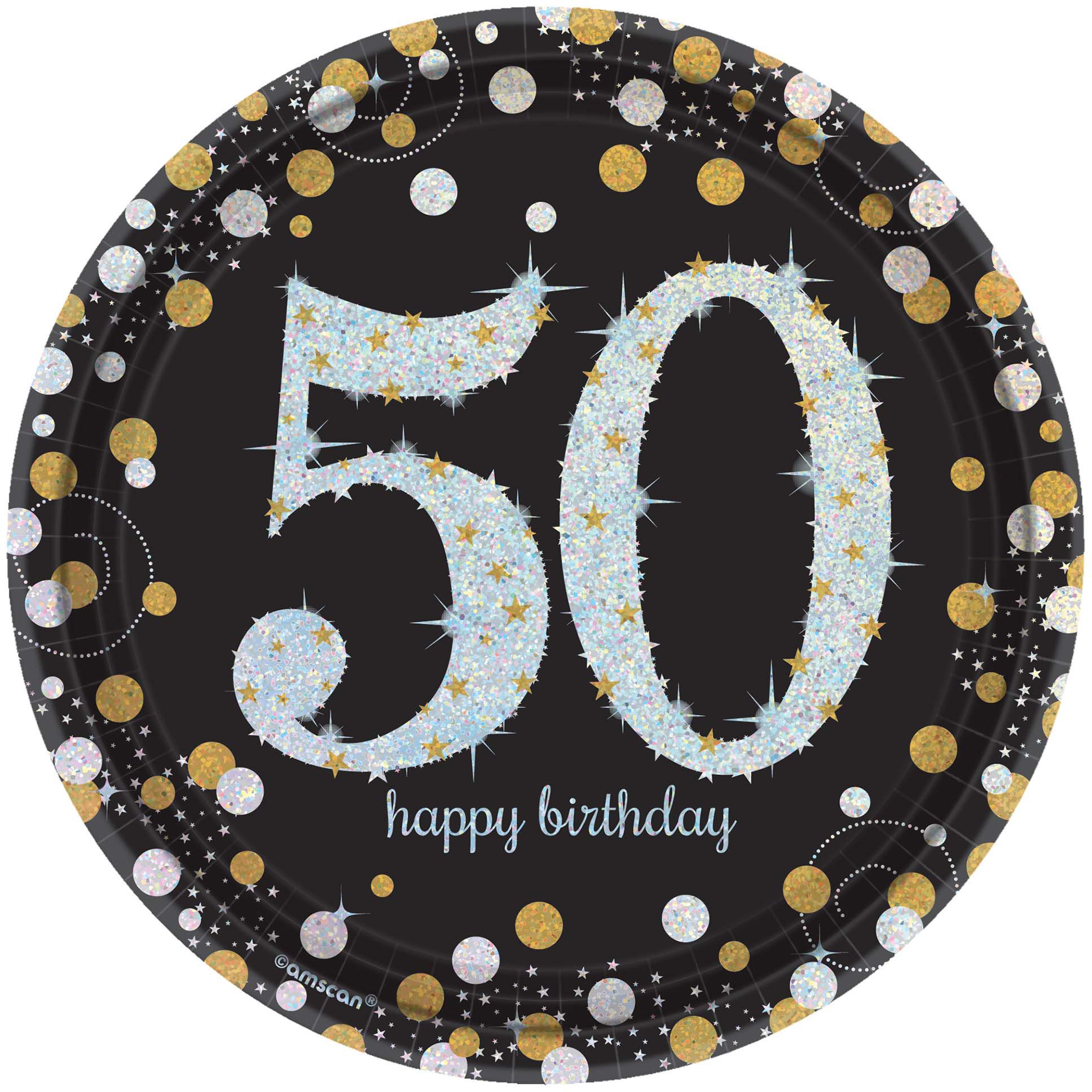 Sparkling Celebration "Happy Birthday 50" Round Paper Disposable Dessert Plates, Black/Silver/Gold, 7-in, 8-pk, for Milestone Birthday Overhead_Flat