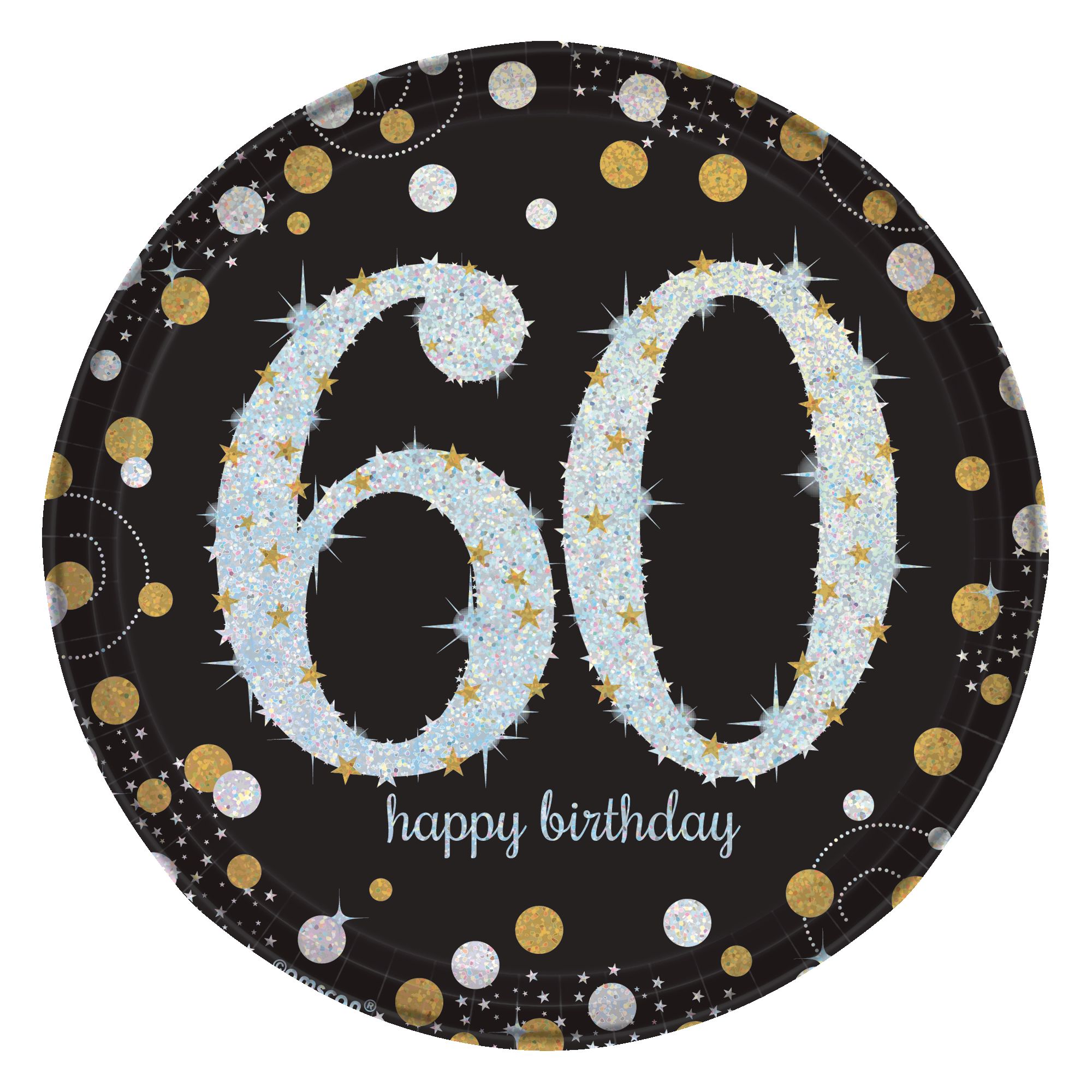 Sparkling Celebration "Happy Birthday 60" Round Paper Disposable Dessert Plates, Black/Gold/Silver, 7-in, 8-pk, for Milestone Birthday Overhead_Flat