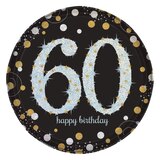 Sparkling Celebration "Happy Birthday 60" Round Paper Disposable Dessert Plates, Black/Gold/Silver, 7-in, 8-pk, for Milestone Birthday Overhead_Flat