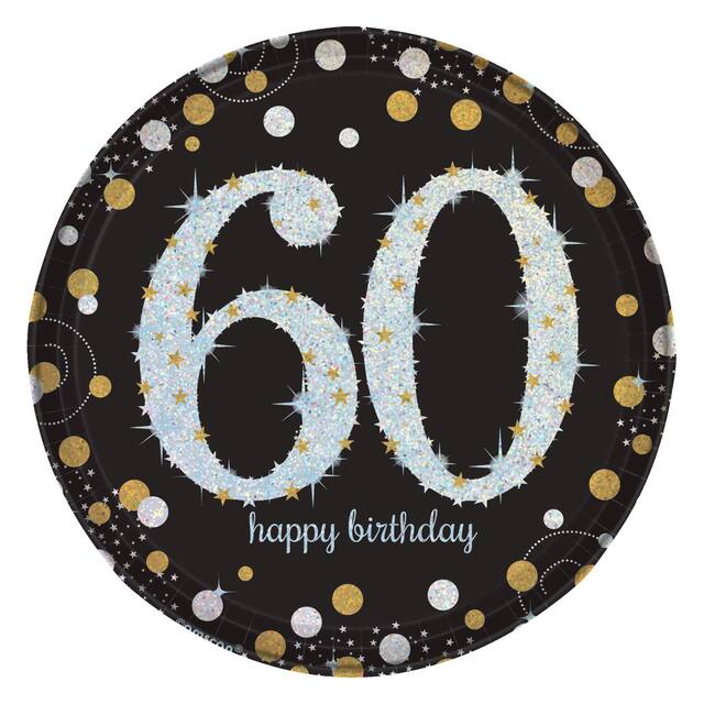 Sparkling Celebration "Happy Birthday 60" Round Paper Disposable Dessert Plates, Black/Gold/Silver, 7-in, 8-pk, for Milestone Birthday Overhead_Flat