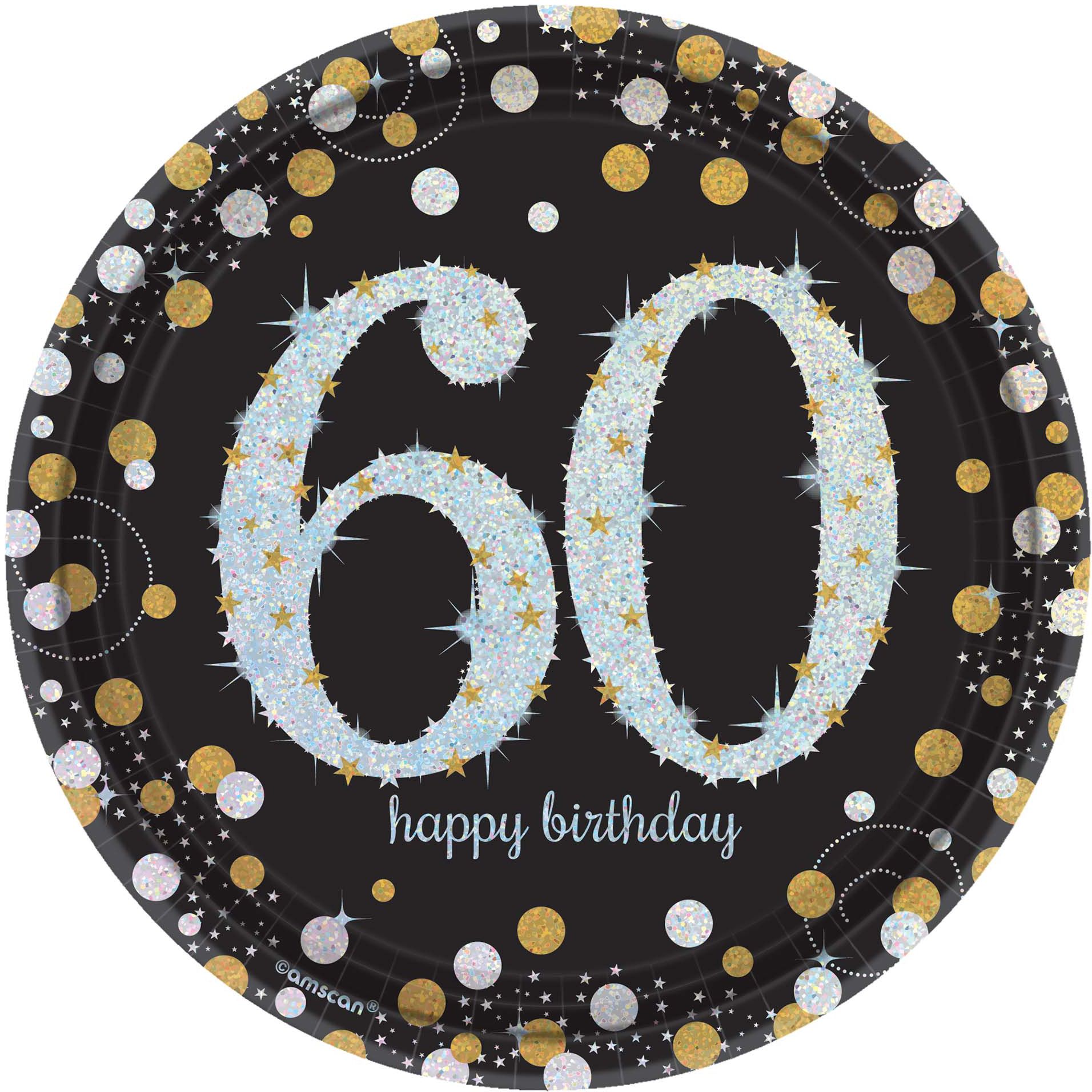 Sparkling Celebration "Happy Birthday 60" Round Paper Disposable Dessert Plates, Black/Gold/Silver, 7-in, 8-pk, for Milestone Birthday Overhead_Flat