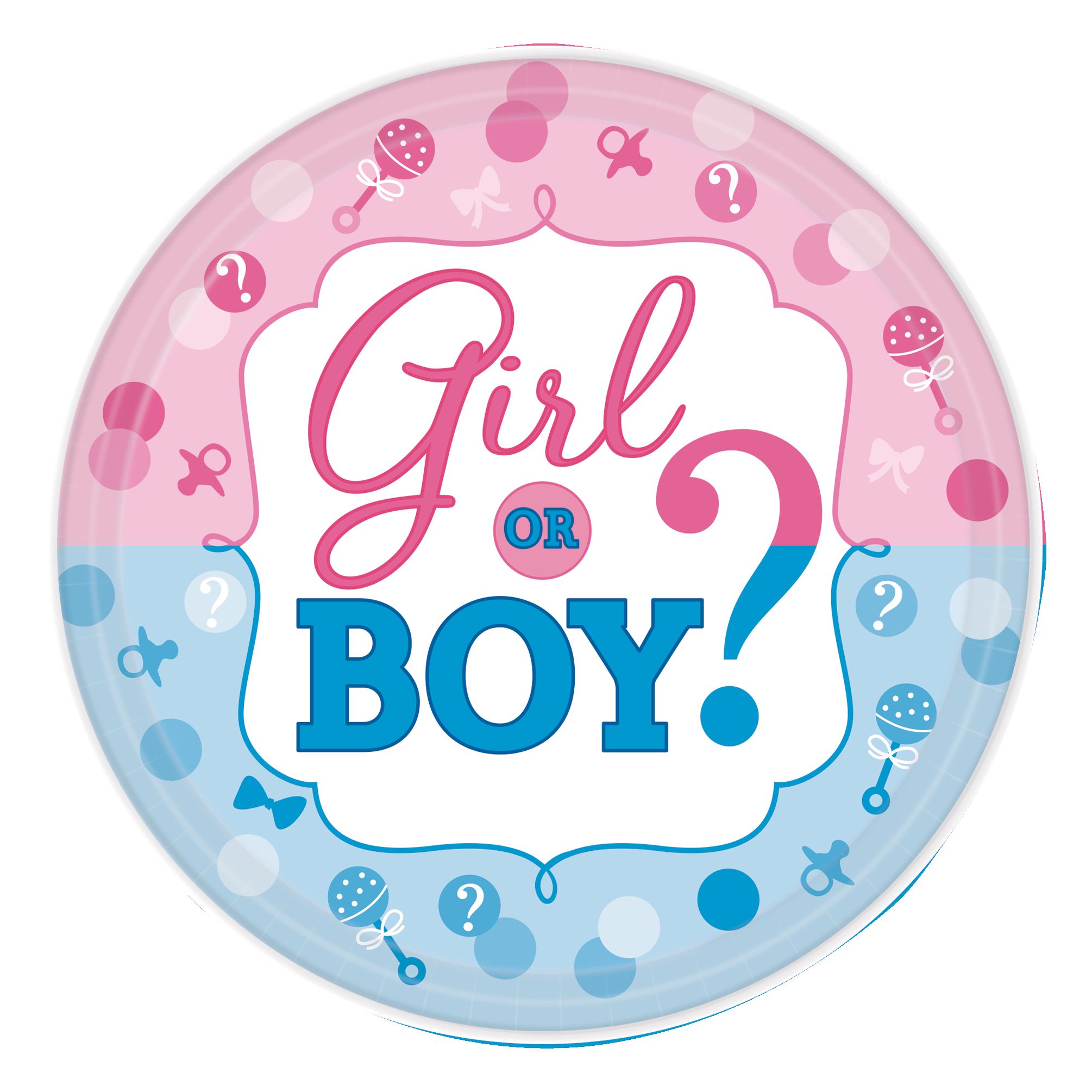 "Girl or Boy?" Round Paper Disposable Dessert Plates, Blue/Pink, 7-in, 8-pk, for Gender Reveal Overhead_Flat