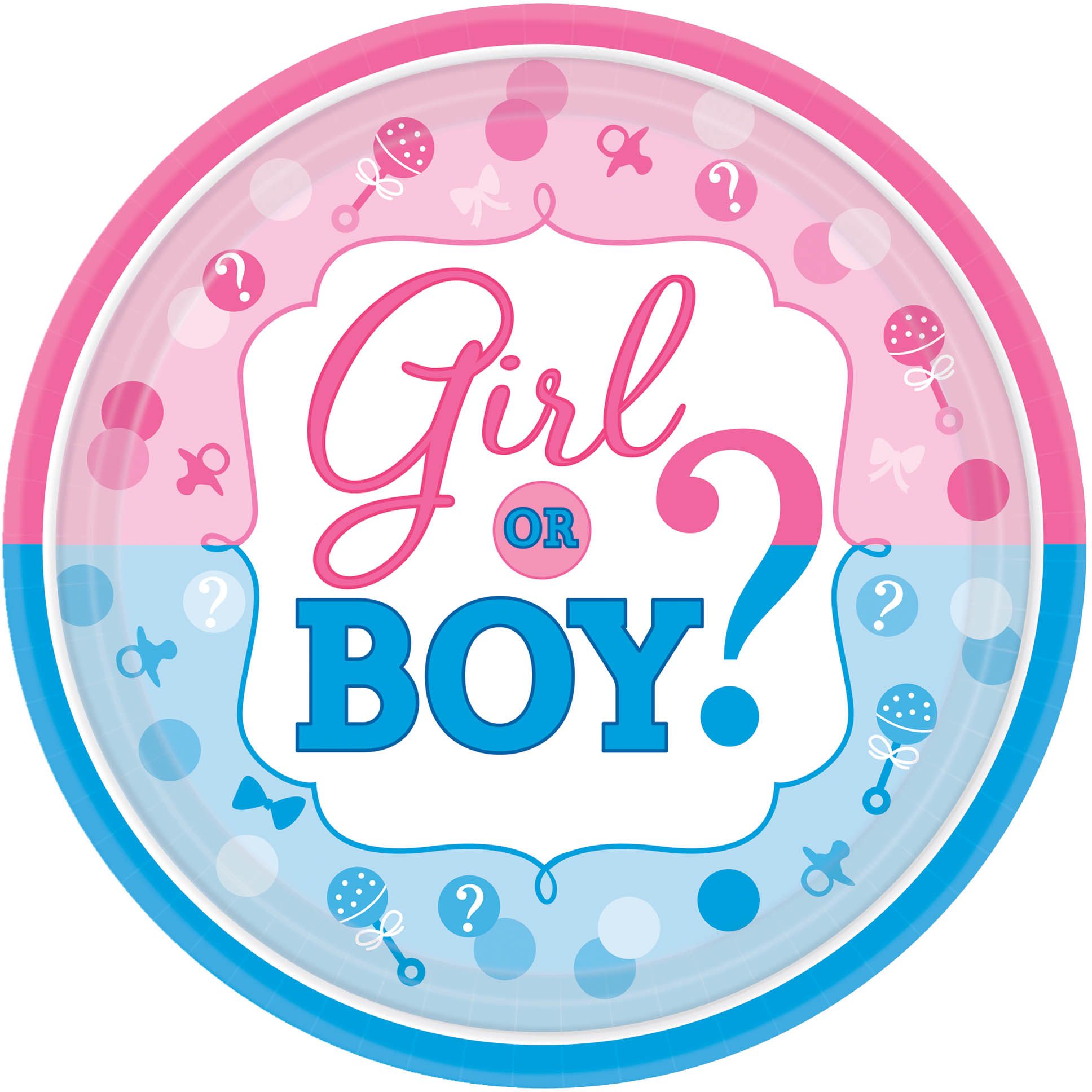 "Girl or Boy?" Round Paper Disposable Dessert Plates, Blue/Pink, 7-in, 8-pk, for Gender Reveal Overhead_Flat