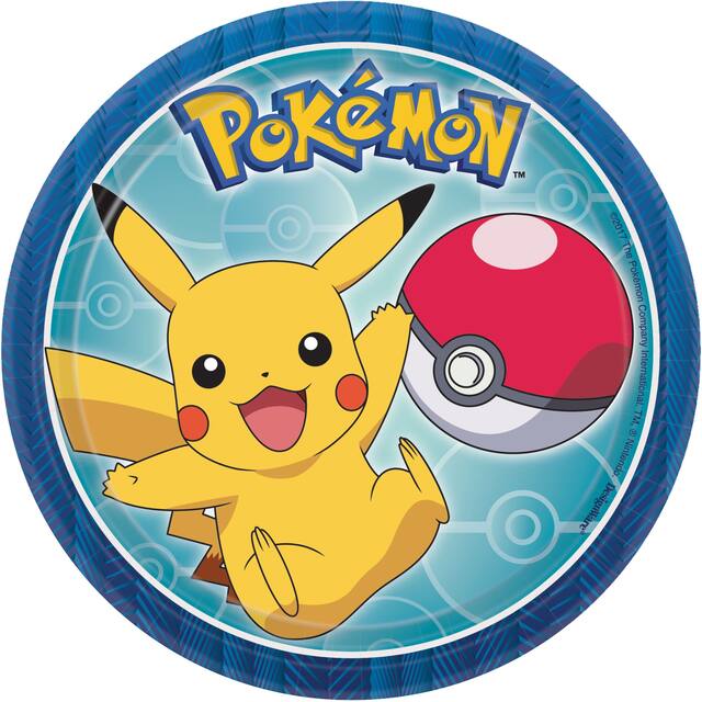 Nintendo Pokémon Pikachu Round Paper Disposable Dessert Plates, Blue/Yellow, 7-in, 8-pk, for Birthday Party Overhead_Flat
