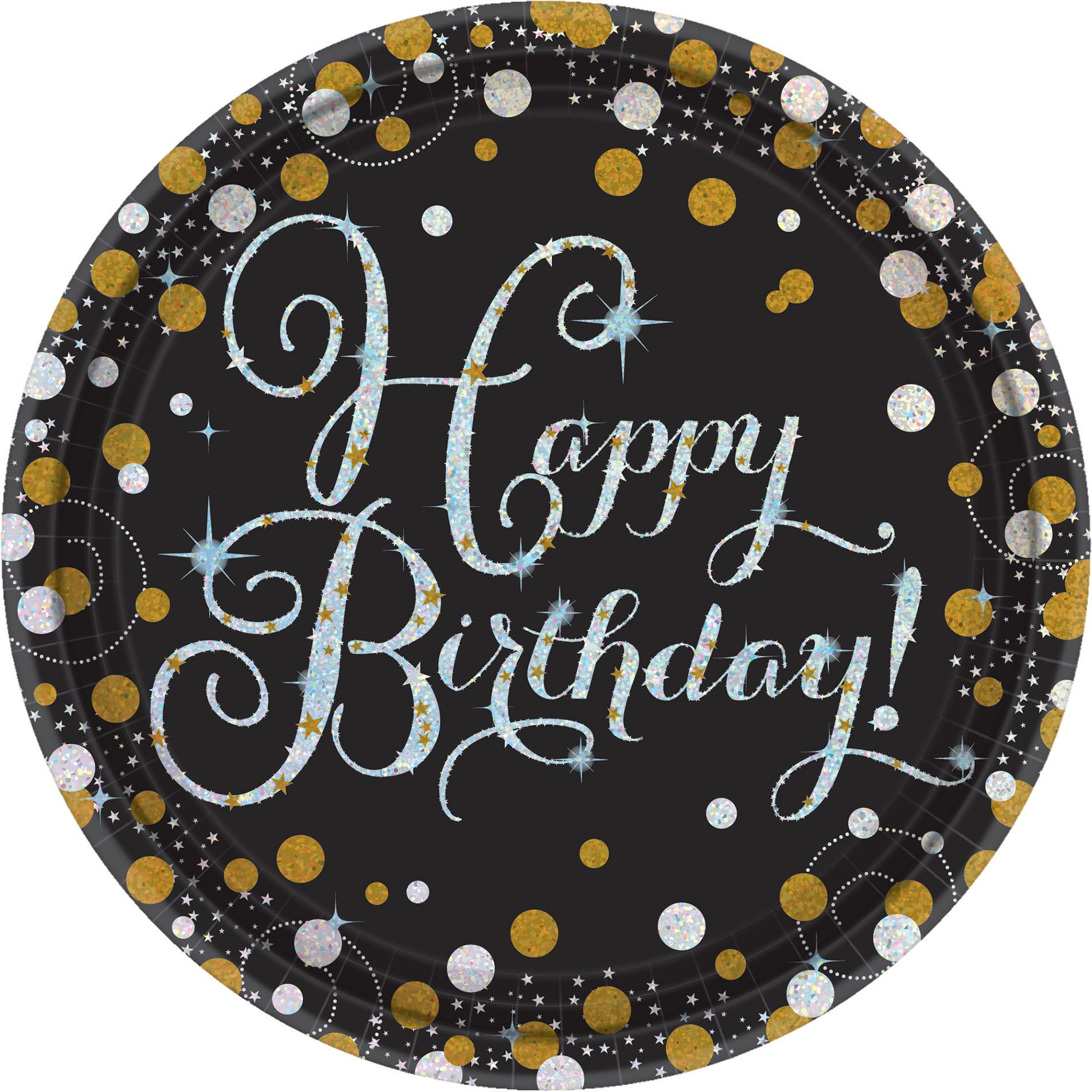 Sparkling Celebration "Happy Birthday" Round Paper Disposable Dessert Plates, Black/Gold/Silver, 7-in,8-pk,for Milestone Birthday Overhead_Flat
