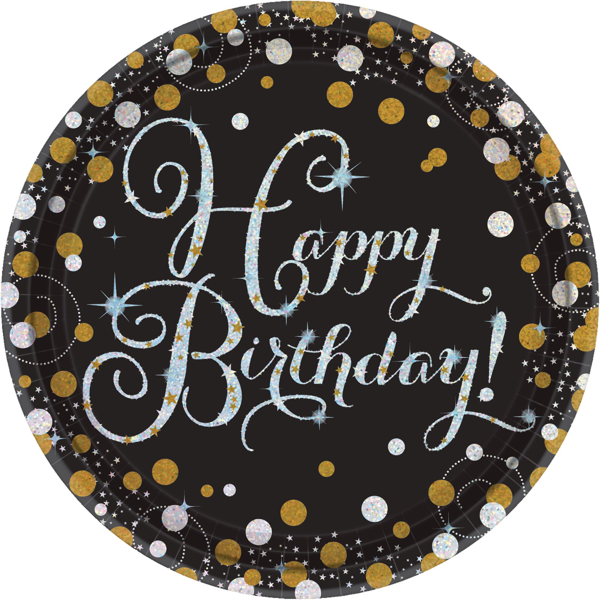 Sparkling Celebration "Happy Birthday" Round Paper Disposable Dessert Plates, Black/Gold/Silver, 7-in,8-pk,for Milestone Birthday Overhead_Flat