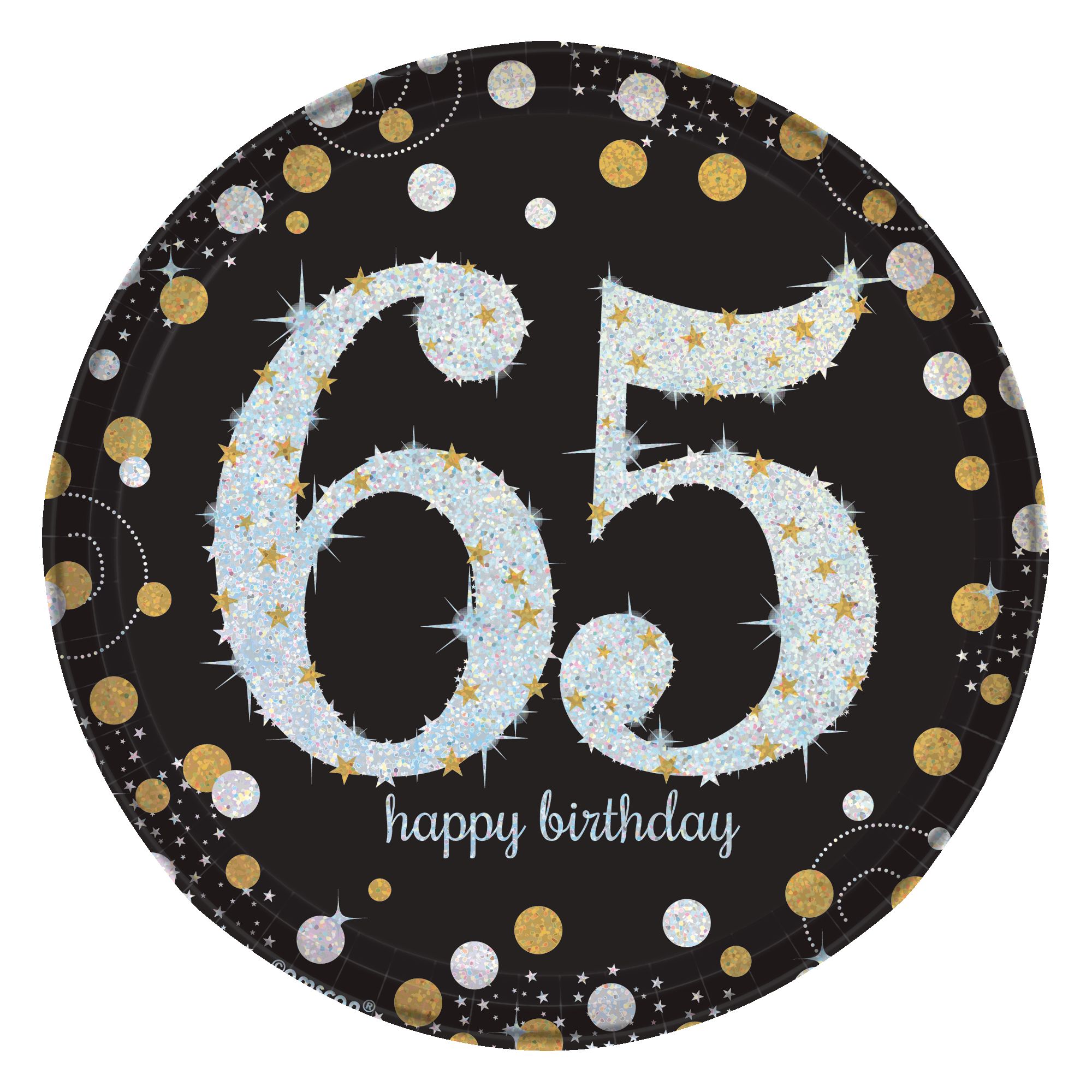 Sparkling Celebration "Happy Birthday 65" Round Paper Disposable Dessert Plates, Black/Gold/Silver, 7-in, 8-pk, for Milestone Birthday Overhead_Flat