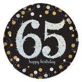 Sparkling Celebration "Happy Birthday 65" Round Paper Disposable Dessert Plates, Black/Gold/Silver, 7-in, 8-pk, for Milestone Birthday Overhead_Flat