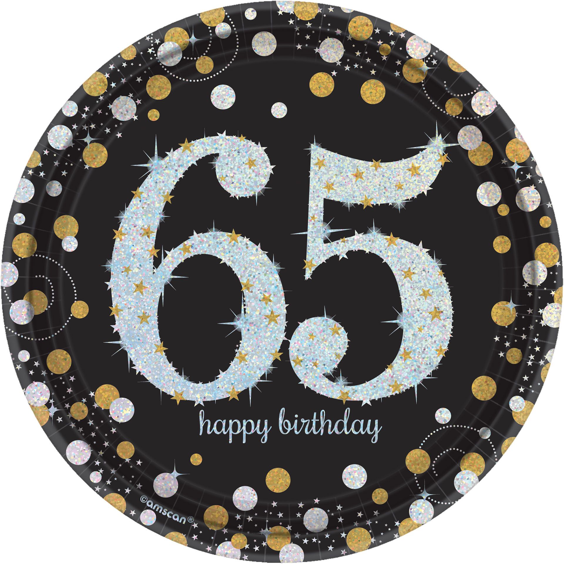 Sparkling Celebration "Happy Birthday 65" Round Paper Disposable Dessert Plates, Black/Gold/Silver, 7-in, 8-pk, for Milestone Birthday Overhead_Flat