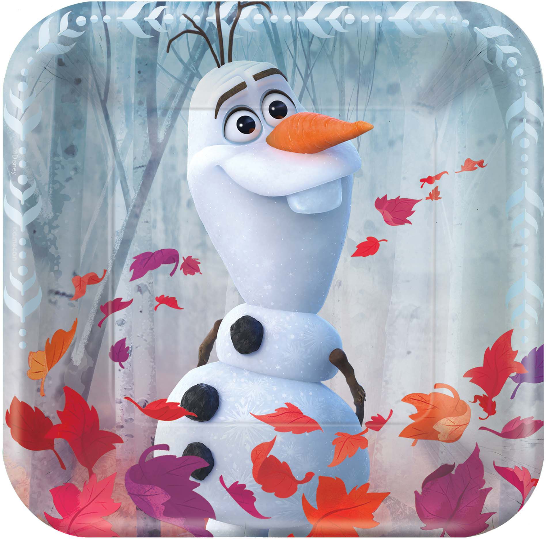 Disney Frozen Olaf Square Paper Disposable Dessert Plates, Silver, 7-in, 8-pk, for Birthday Party Overhead_Flat