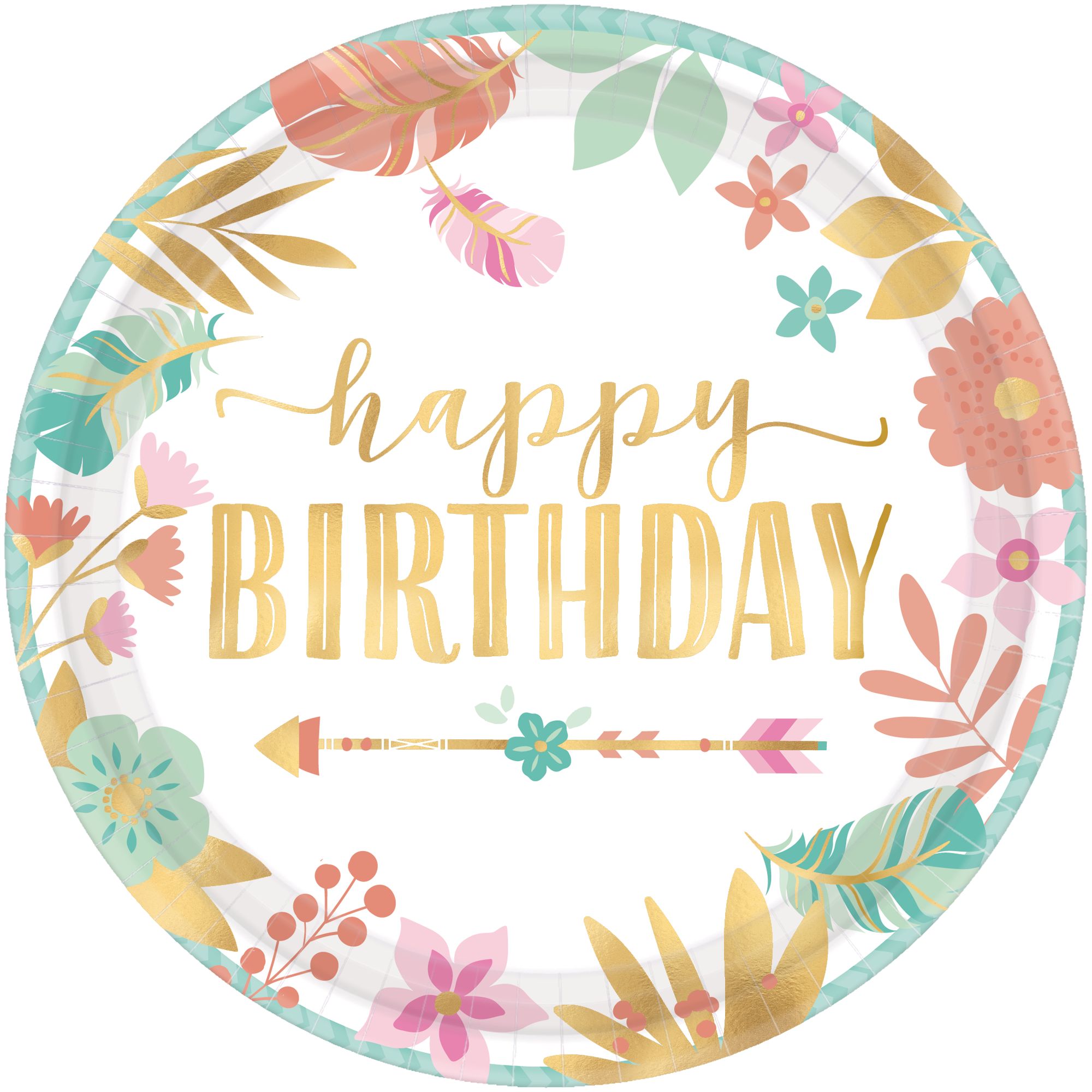 Boho Girl "Happy Birthday" Dessert Paper Plates, 8-pk Overhead_Flat