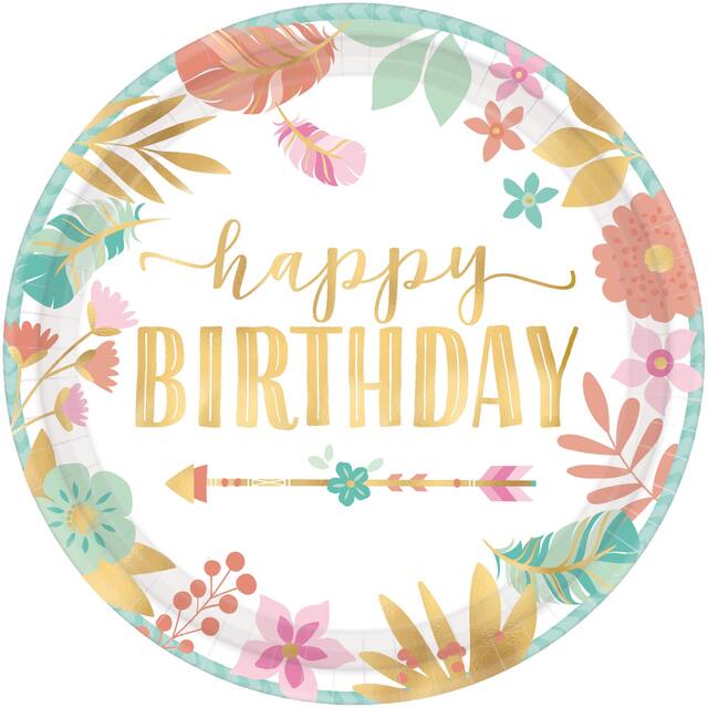 Assiettes à dessert en papier fille boho « Happy Birthday », paq. 8 Overhead_Flat