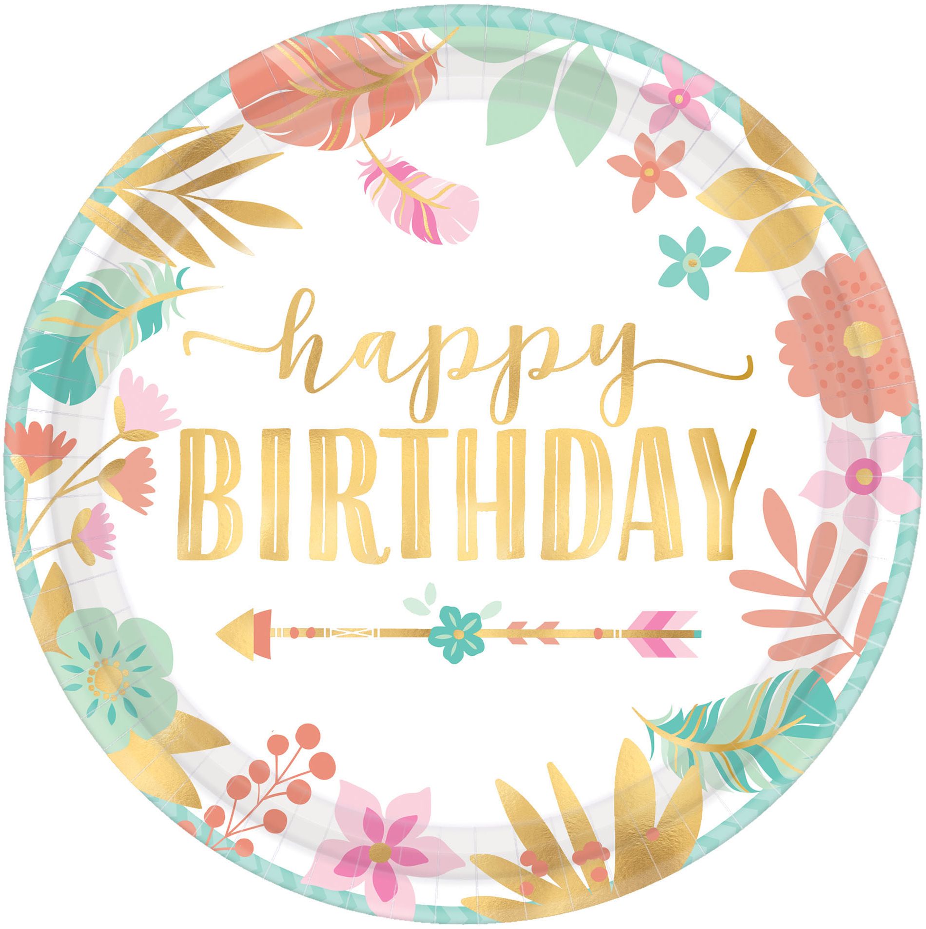 Boho Girl "Happy Birthday" Dessert Paper Plates, 8-pk Overhead_Flat