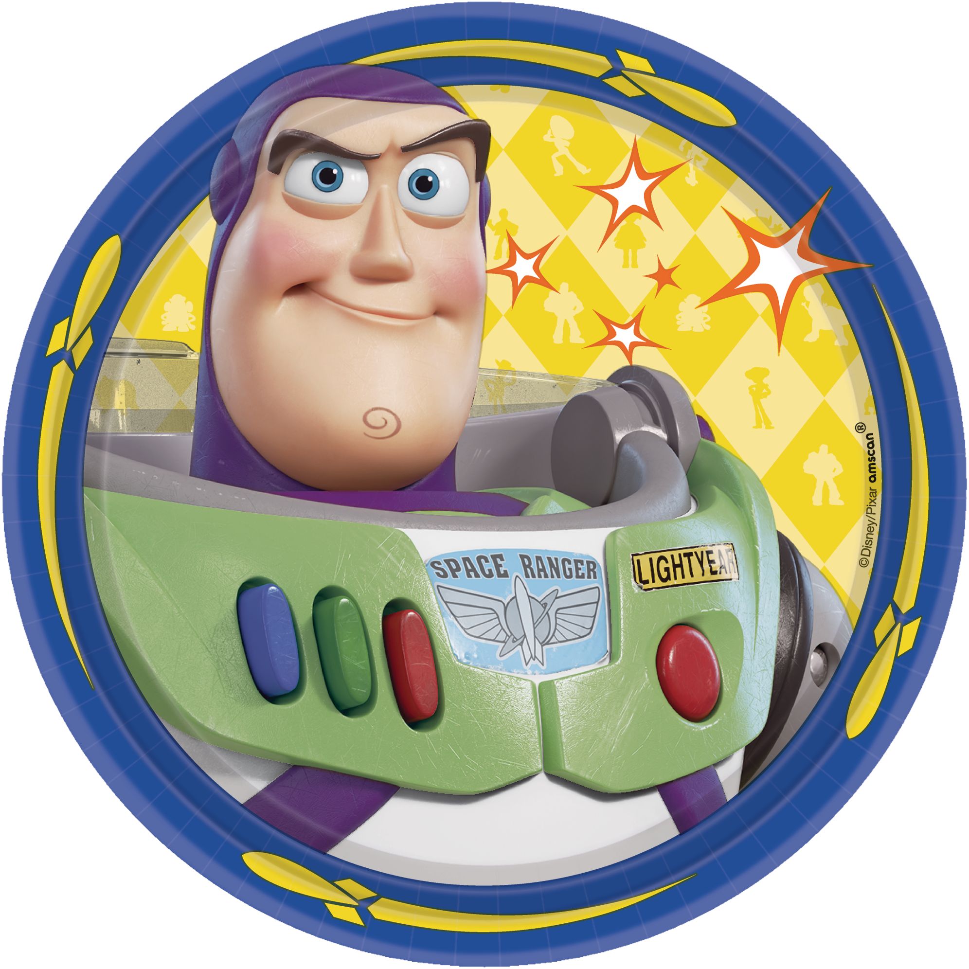 Disney Pixar Toy Story Woody/Buzz Lightyear/Bo Peep Round Paper Disposable Dessert Plates, Blue/Green/Orange, 7-in, 8-pk, for Birthday Party Overhead_Flat
